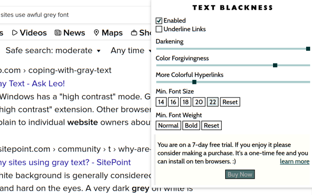 Screenshot; Text Blackness gives users fine control over appearance of their web pages